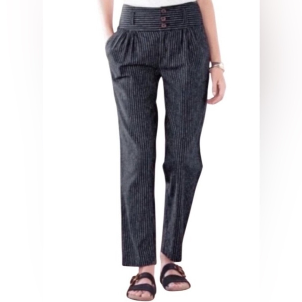 Sundance Amelia Linen Blend Pinstripe Black Trouser Paper Bag Pants Sz 14 Petite - Picture 1 of 16